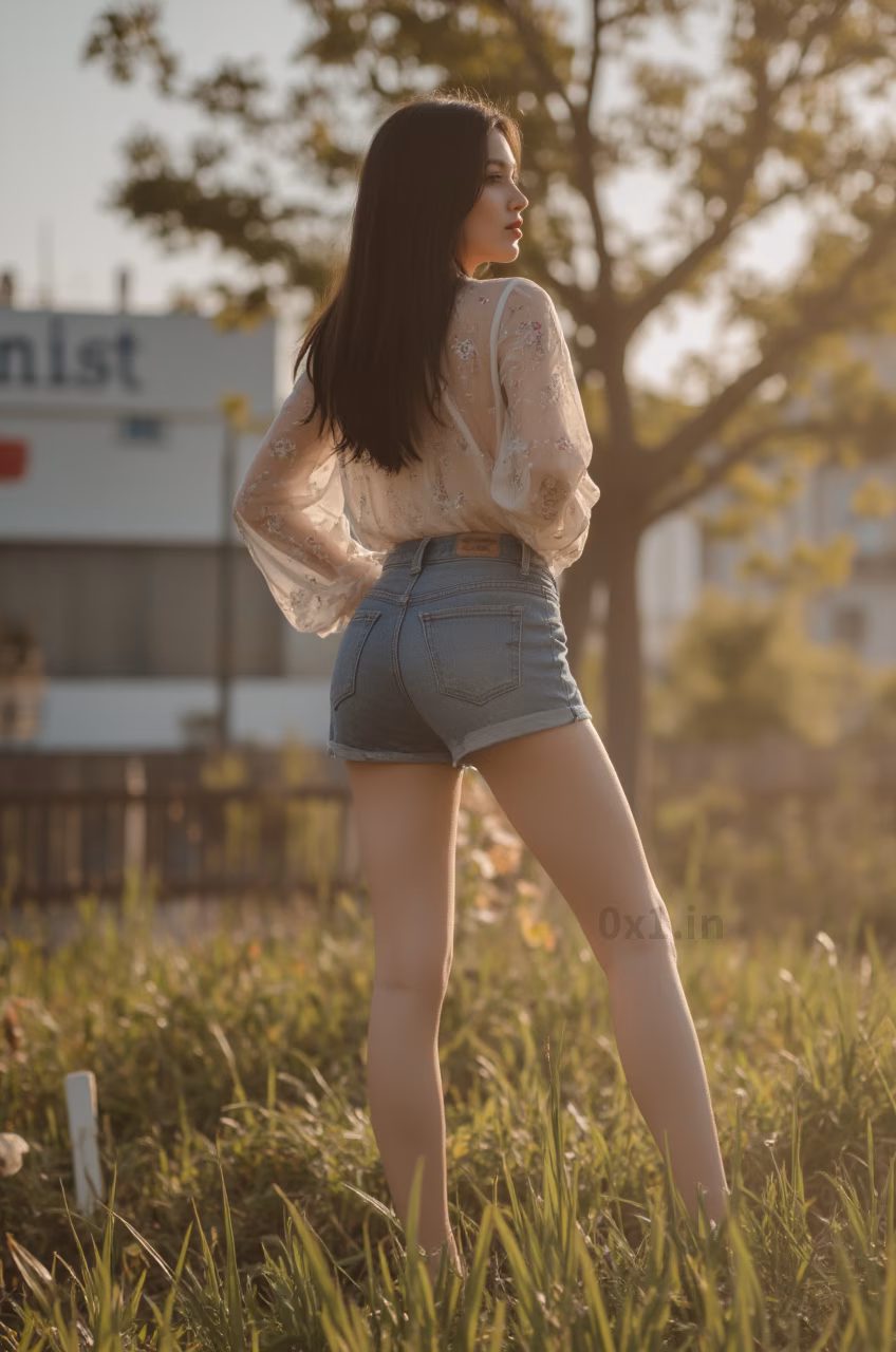 A close-up photo of a voluptuous French woman in a sheer embroidered blouse and high-waisted ripped jean shorts, posed outdoors during the daytime.