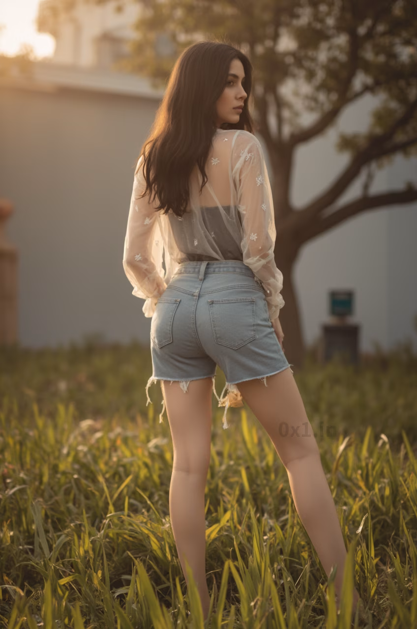 A close-up photo of a voluptuous French woman in a sheer embroidered blouse and high-waisted ripped jean shorts, posed outdoors during the daytime.