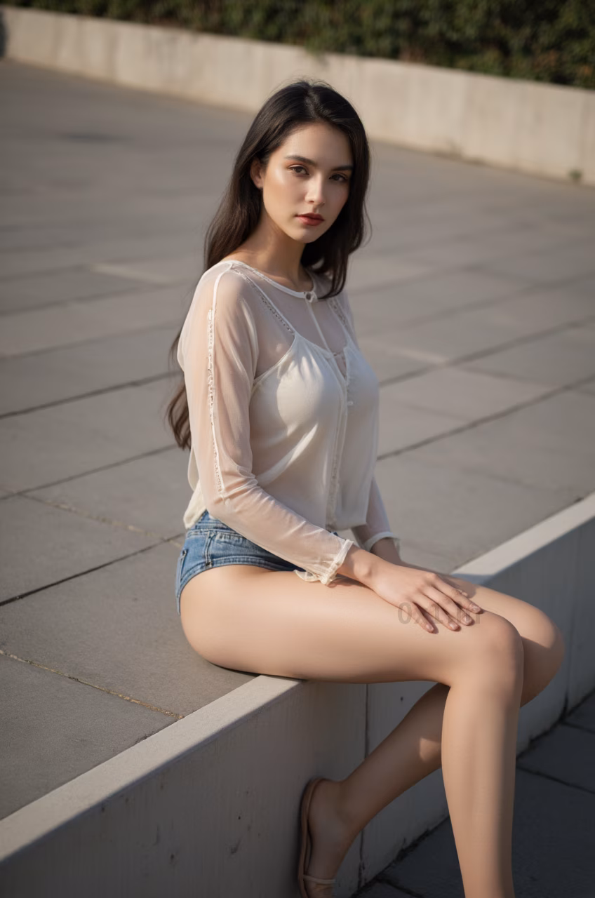 A close-up photo of a voluptuous French woman in a sheer embroidered blouse and high-waisted ripped jean shorts, posed outdoors during the daytime.