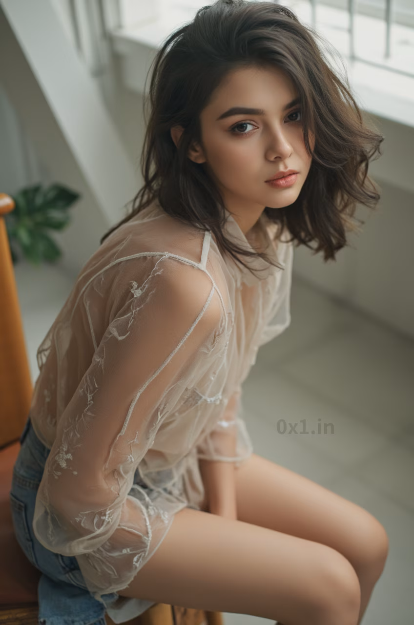 A close-up photo of a voluptuous French woman in a sheer embroidered blouse and high-waisted ripped jean shorts, posed outdoors during the daytime.