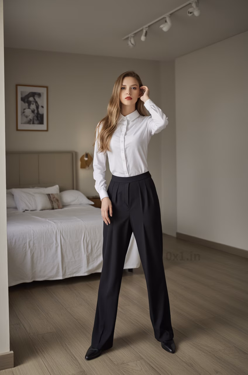 Close-up of a German woman in a long-sleeve button-down shirt and black pencil skirt, exuding professionalism and style.