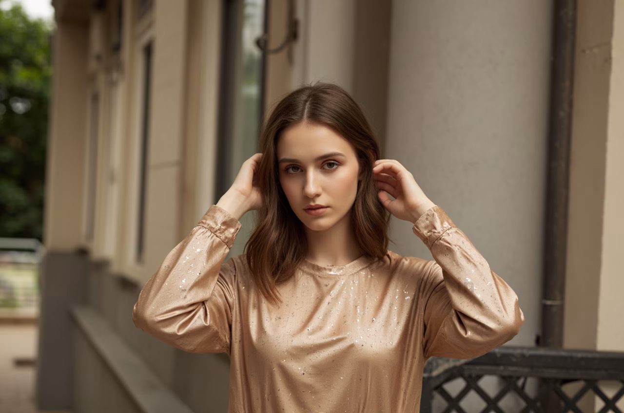 Close-up shot of a Romanian woman wearing a pleated skater skirt and sequins shirt in a garden setting.