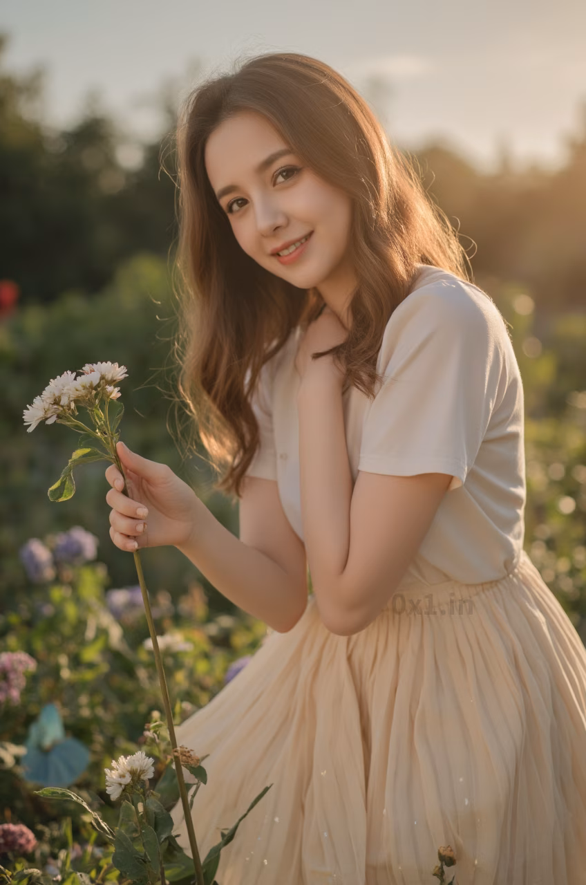 Close-up shot of a Romanian woman wearing a pleated skater skirt and sequins shirt in a garden setting.