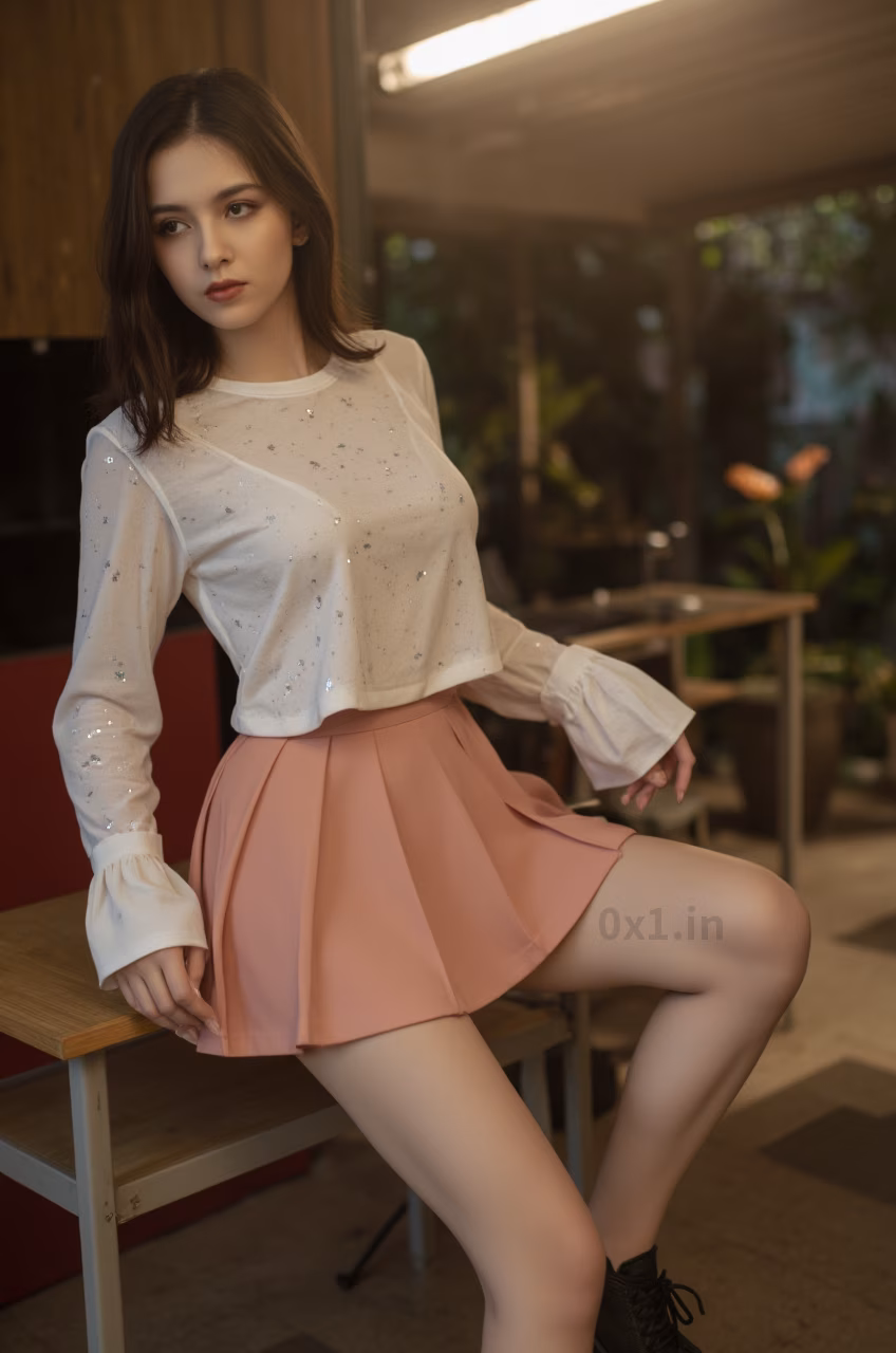 Close-up shot of a Romanian woman wearing a pleated skater skirt and sequins shirt in a garden setting.