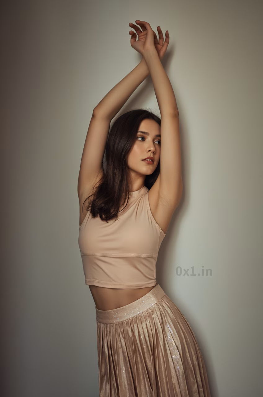 Close-up shot of a Romanian woman wearing a pleated skater skirt and sequins shirt in a garden setting.