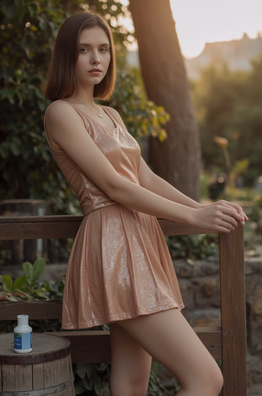 Close-up shot of a Romanian woman wearing a pleated skater skirt and sequins shirt in a garden setting.