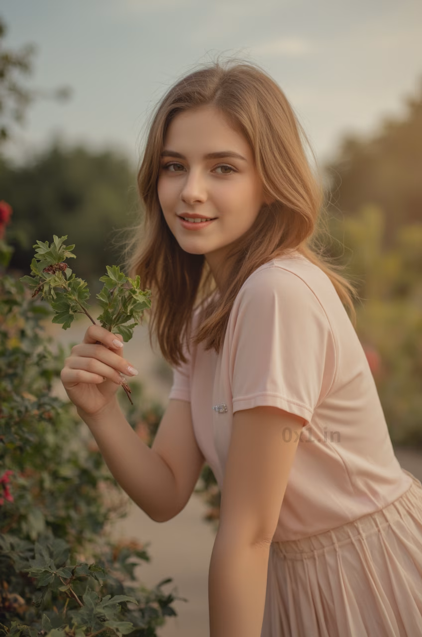Close-up shot of a Romanian woman wearing a pleated skater skirt and sequins shirt in a garden setting.