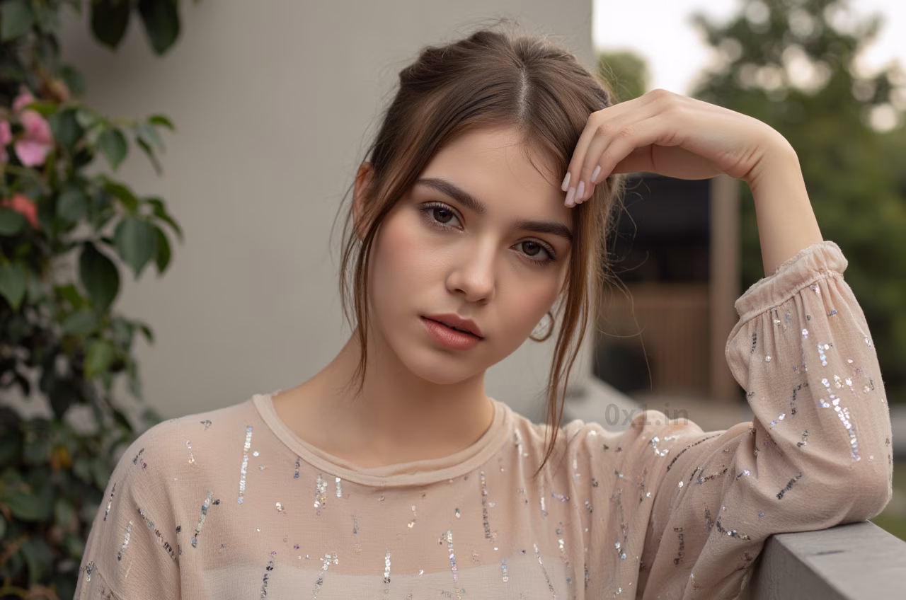 Close-up shot of a Romanian woman wearing a pleated skater skirt and sequins shirt in a garden setting.