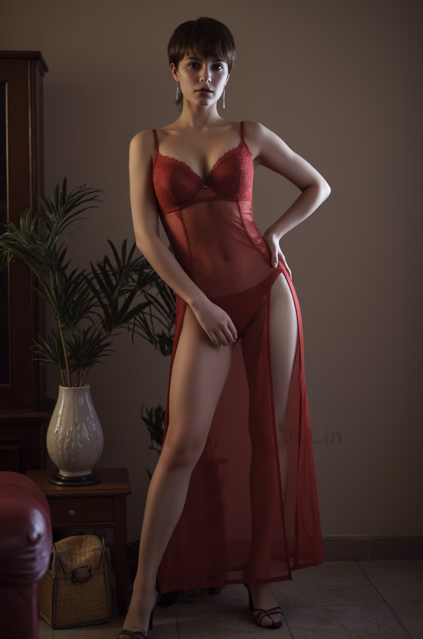 Close-up of an Eastern European woman in a black semi-transparent Deep V Neck dress with red lace underwear in a cozy hotel room.