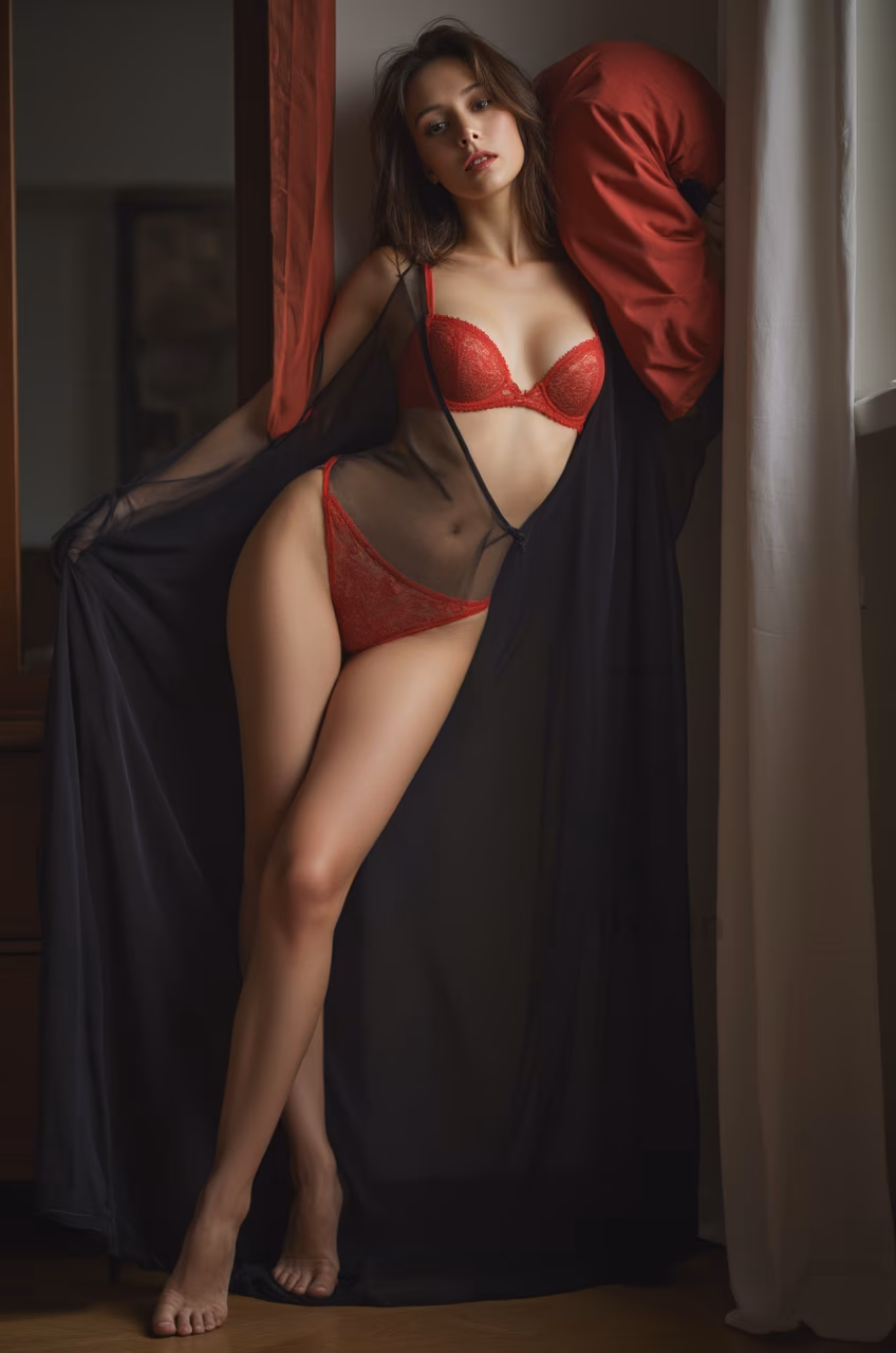 Close-up of an Eastern European woman in a black semi-transparent Deep V Neck dress with red lace underwear in a cozy hotel room.