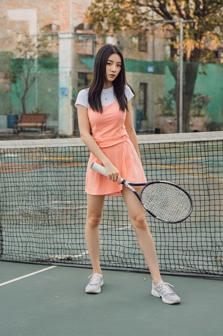 Photograph of a young Algerian woman with long straight black hair in a salmon pink tennis dress, captured in various settings.