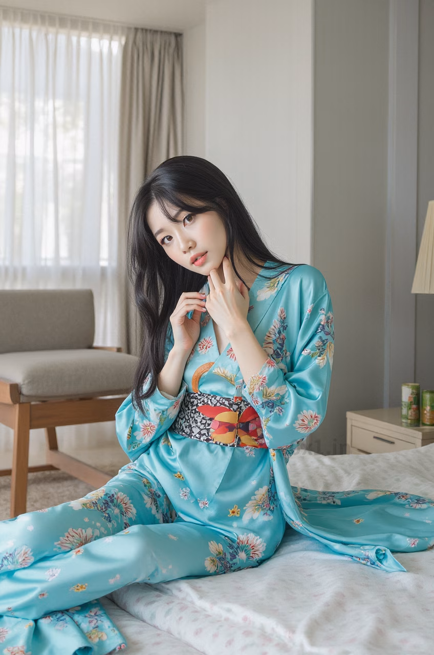 Japanese woman with brown eyes and long black hair wearing a turquoise satin kimono robe, expressing love.