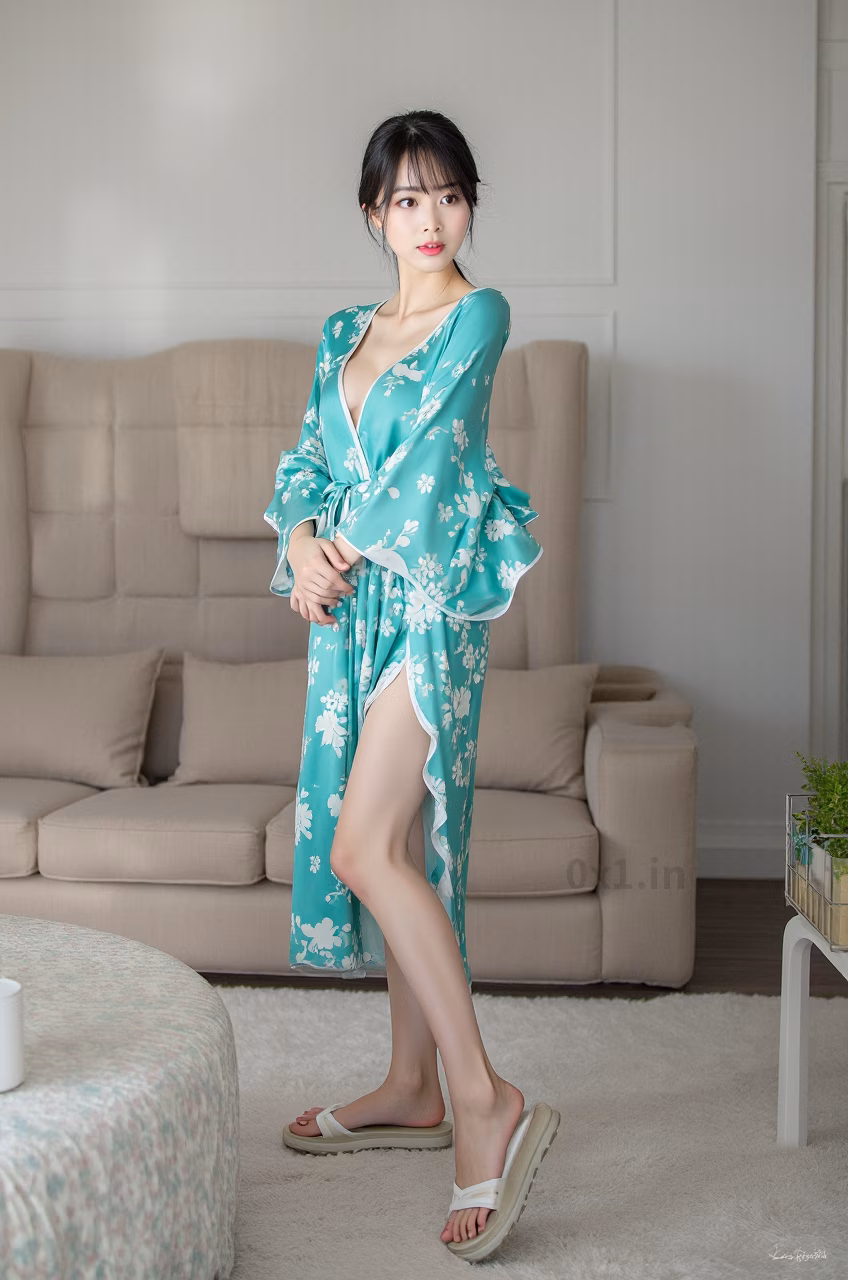 Japanese woman with brown eyes and long black hair wearing a turquoise satin kimono robe, expressing love.