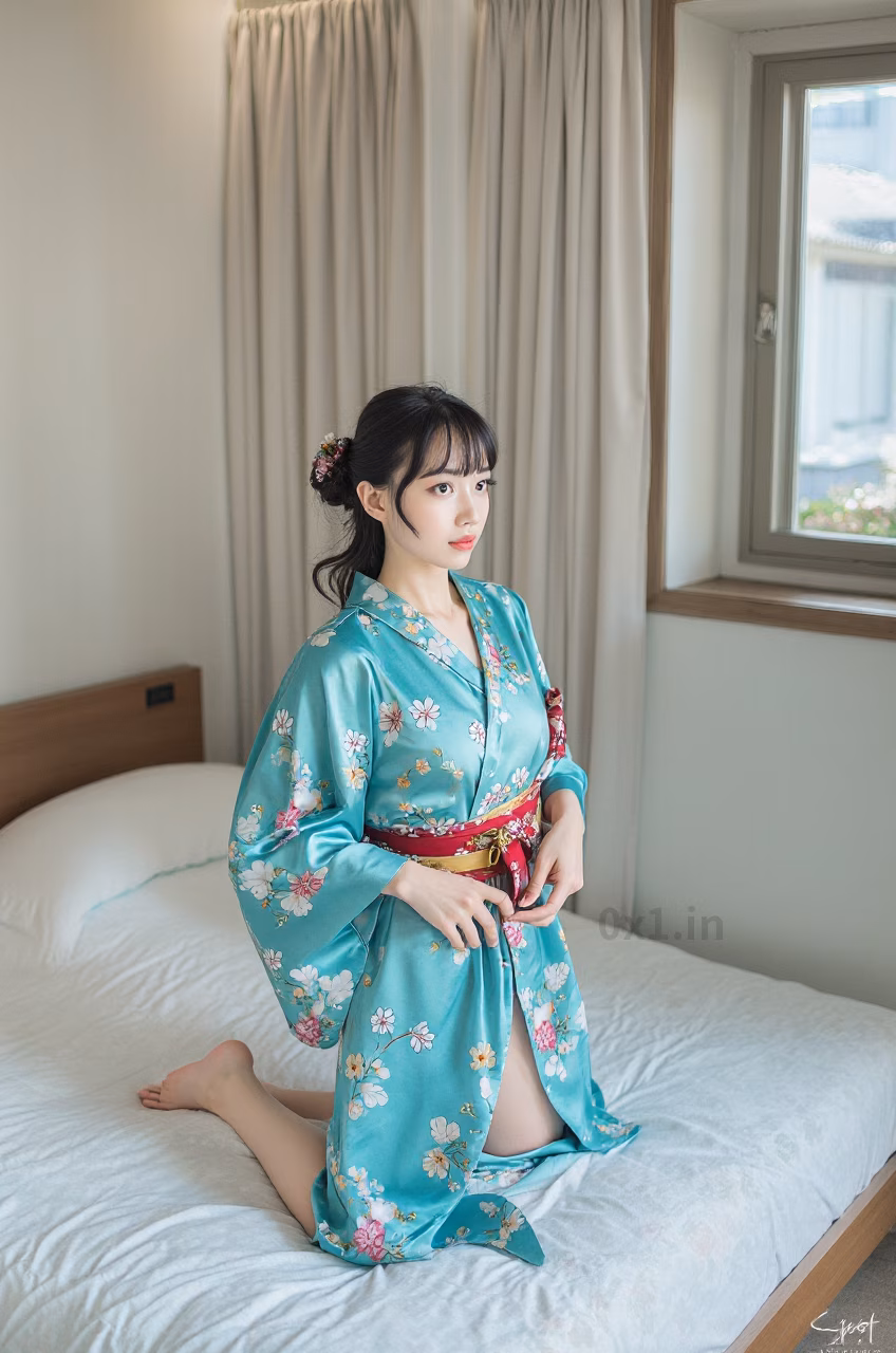 Japanese woman with brown eyes and long black hair wearing a turquoise satin kimono robe, expressing love.