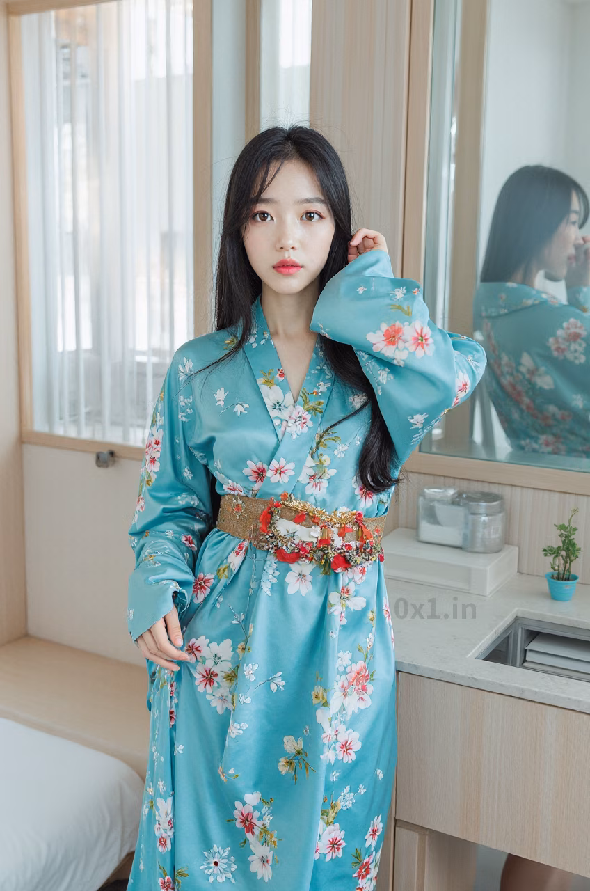 Japanese woman with brown eyes and long black hair wearing a turquoise satin kimono robe, expressing love.