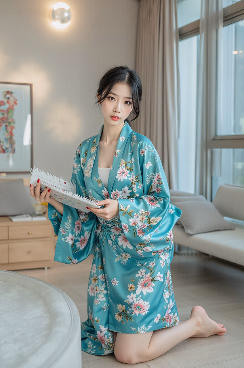 Japanese woman with brown eyes and long black hair wearing a turquoise satin kimono robe, expressing love.