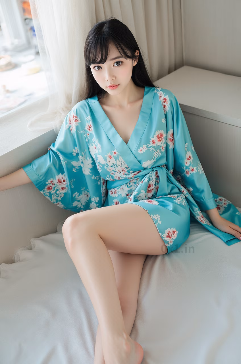Japanese woman with brown eyes and long black hair wearing a turquoise satin kimono robe, expressing love.