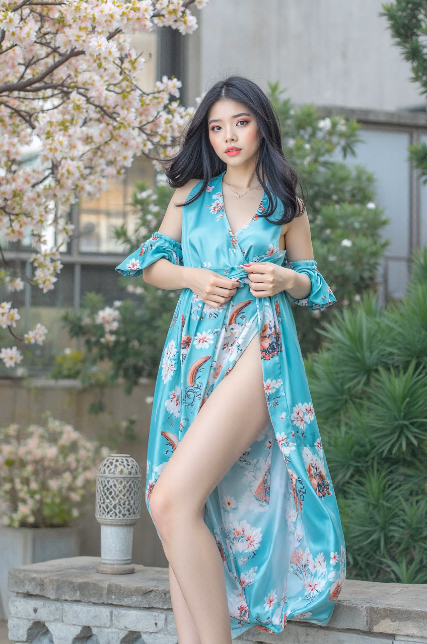 Japanese woman with brown eyes and long black hair wearing a turquoise satin kimono robe, expressing love.