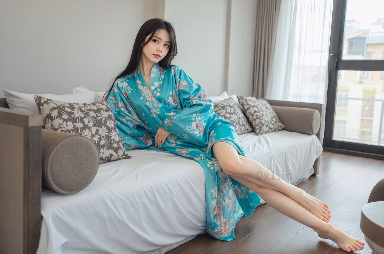 Japanese woman with brown eyes and long black hair wearing a turquoise satin kimono robe, expressing love.