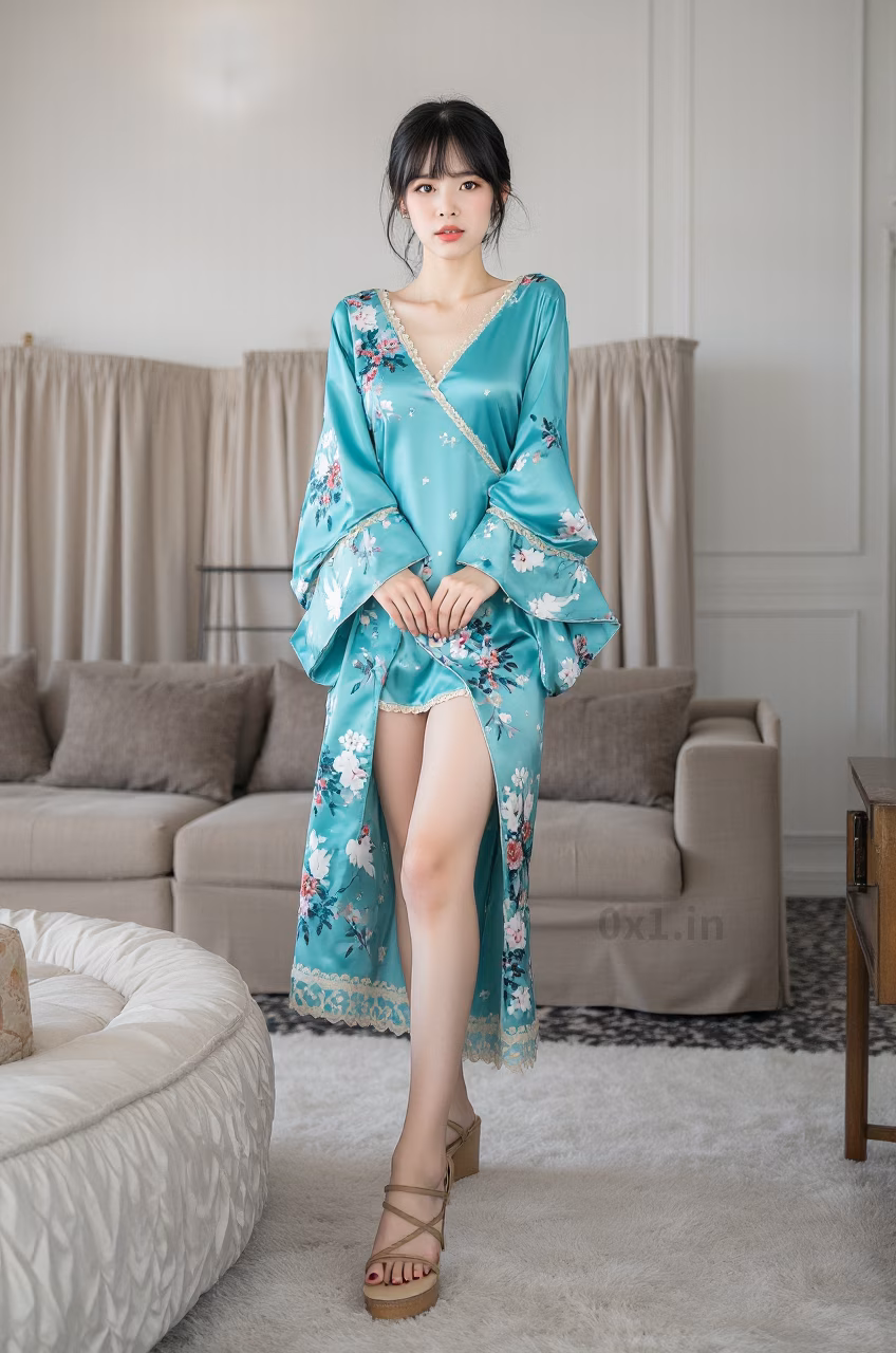 Japanese woman with brown eyes and long black hair wearing a turquoise satin kimono robe, expressing love.