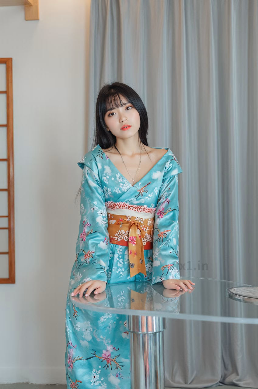 Japanese woman with brown eyes and long black hair wearing a turquoise satin kimono robe, expressing love.