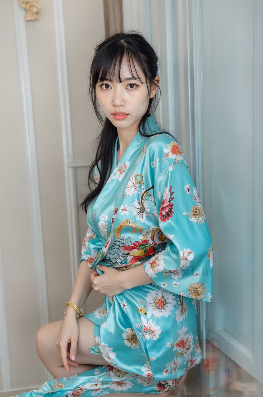 Japanese woman with brown eyes and long black hair wearing a turquoise satin kimono robe, expressing love.