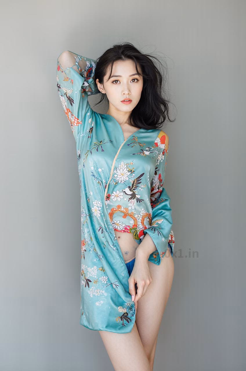 Japanese woman with brown eyes and long black hair wearing a turquoise satin kimono robe, expressing love.