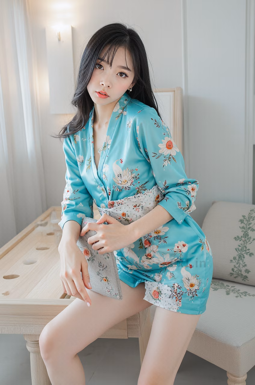 Japanese woman with brown eyes and long black hair wearing a turquoise satin kimono robe, expressing love.