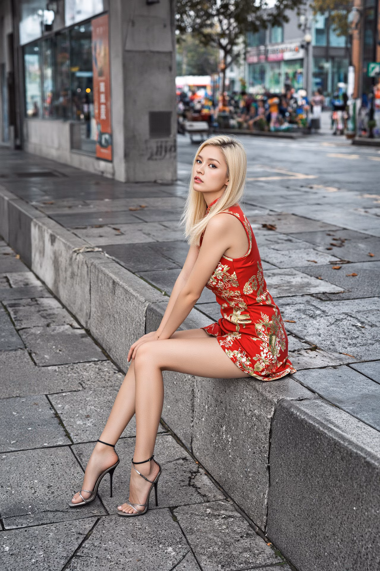 Close-up portrait of a 26-year-old Czech woman wearing a red cheongsam in the streets of Hong Kong.