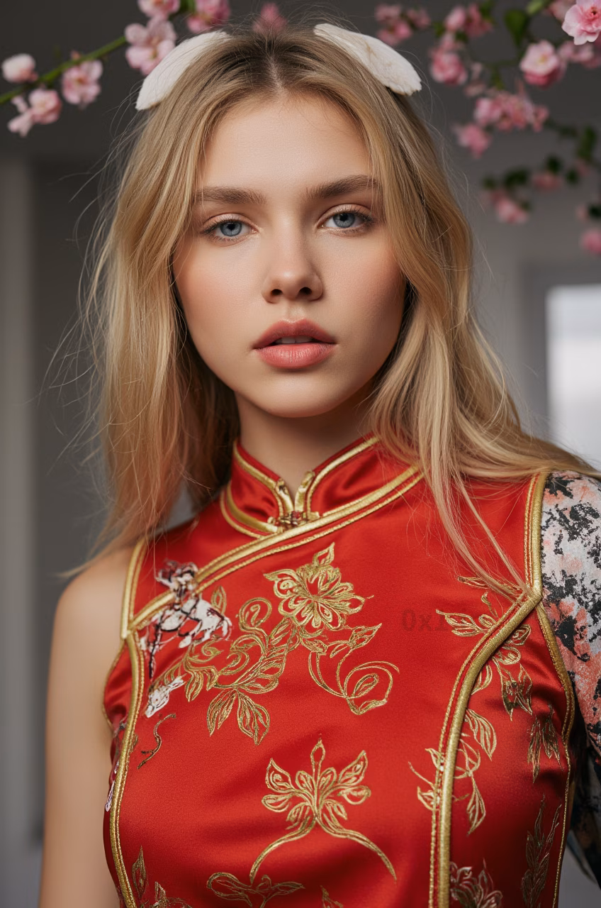 Close-up portrait of a 26-year-old Czech woman wearing a red cheongsam in the streets of Hong Kong.