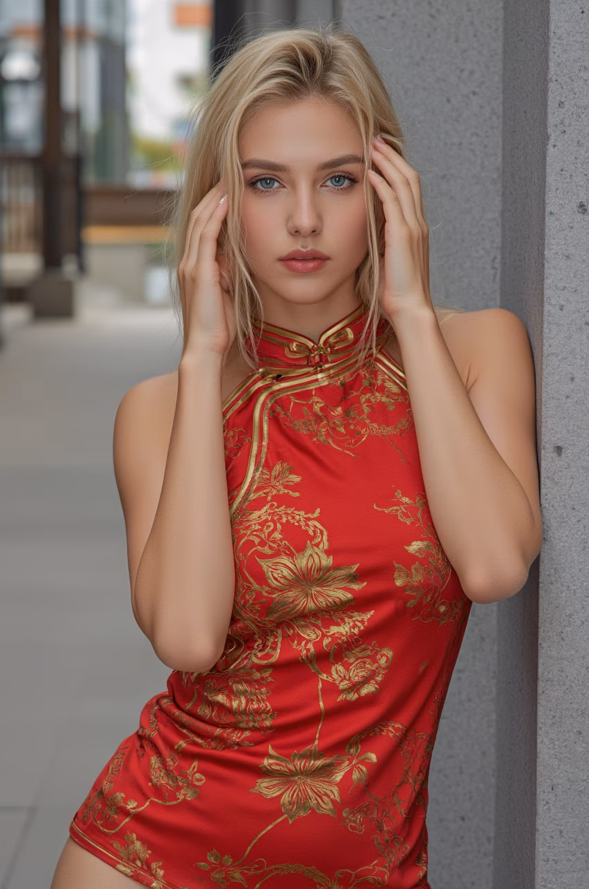 Close-up portrait of a 26-year-old Czech woman wearing a red cheongsam in the streets of Hong Kong.