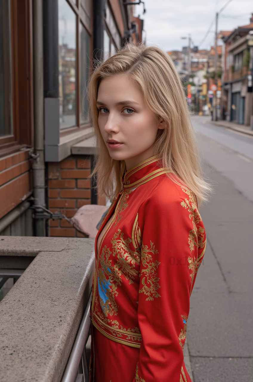 Close-up portrait of a 26-year-old Czech woman wearing a red cheongsam in the streets of Hong Kong.