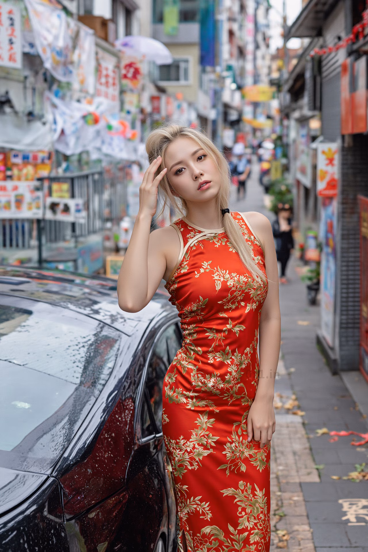Close-up portrait of a 26-year-old Czech woman wearing a red cheongsam in the streets of Hong Kong.