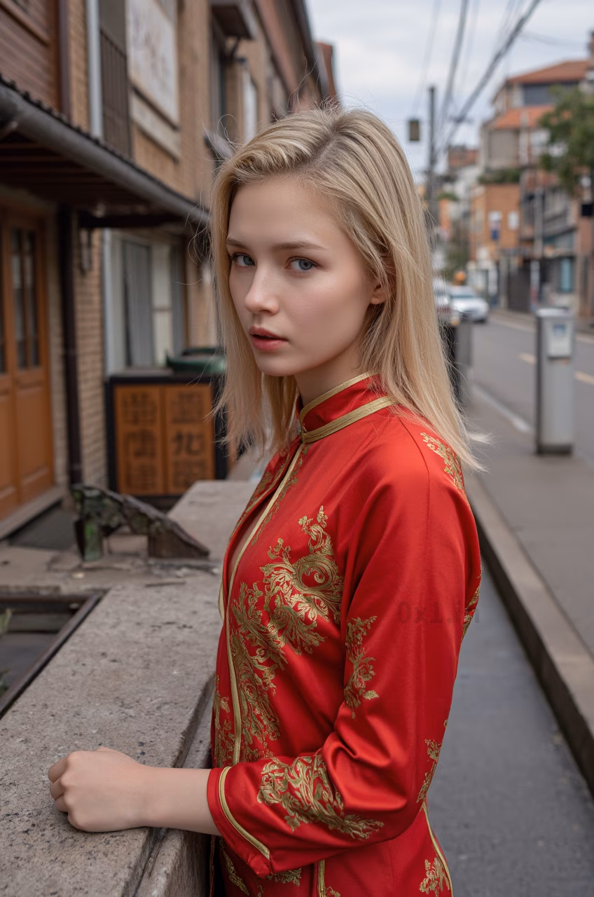 Close-up portrait of a 26-year-old Czech woman wearing a red cheongsam in the streets of Hong Kong.