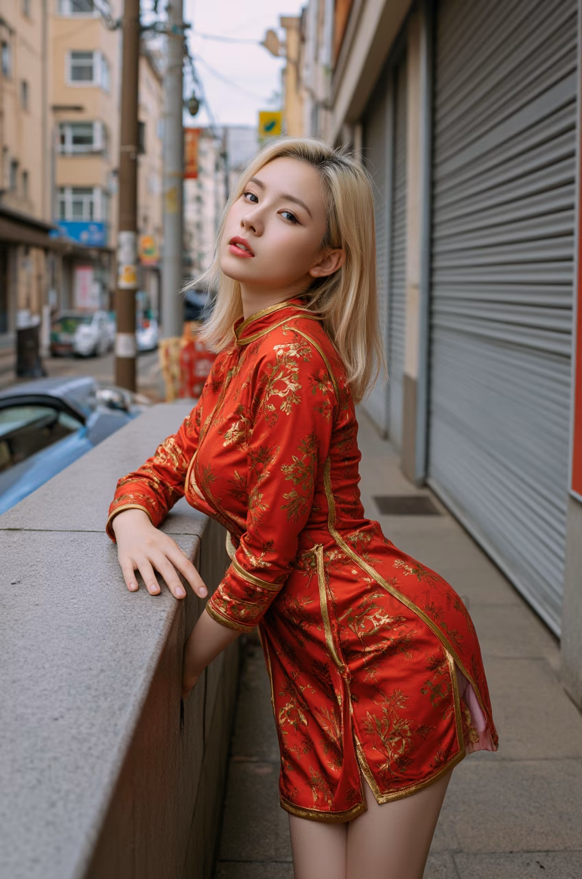 Close-up portrait of a 26-year-old Czech woman wearing a red cheongsam in the streets of Hong Kong.