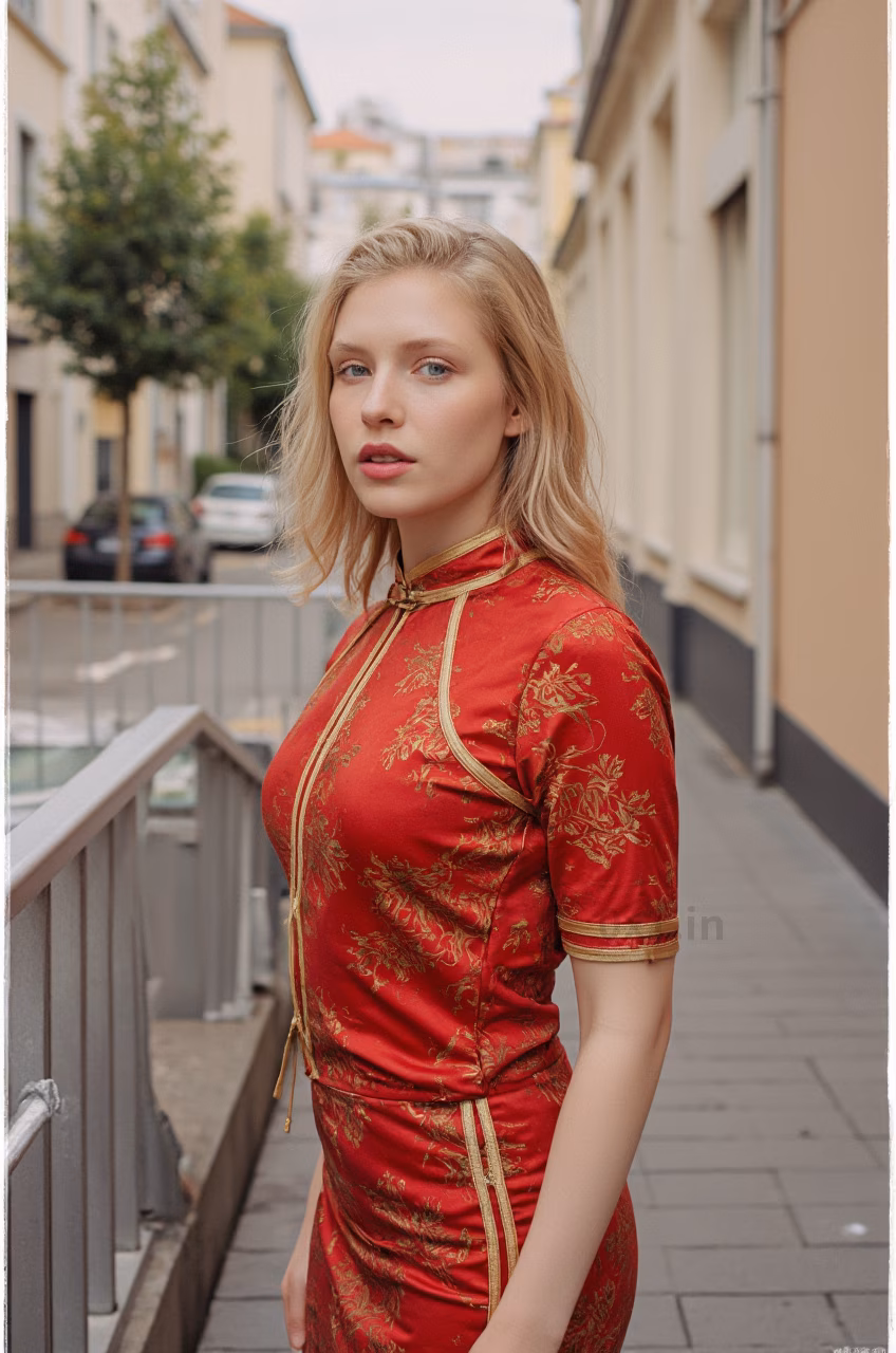 Close-up portrait of a 26-year-old Czech woman wearing a red cheongsam in the streets of Hong Kong.