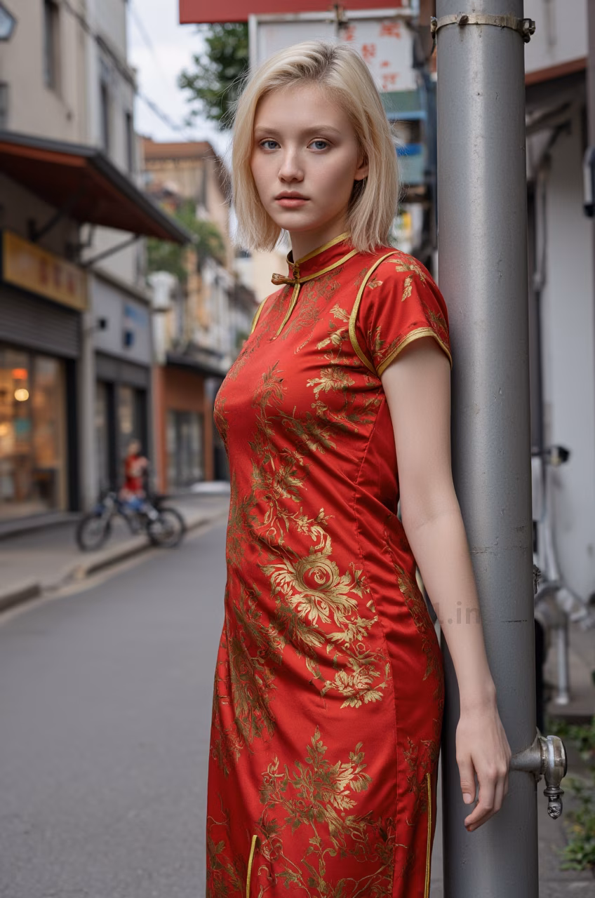 Close-up portrait of a 26-year-old Czech woman wearing a red cheongsam in the streets of Hong Kong.