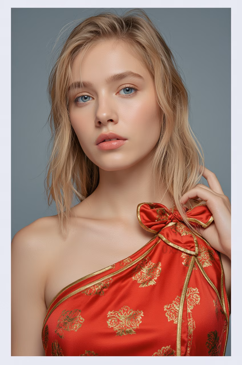 Close-up portrait of a 26-year-old Czech woman wearing a red cheongsam in the streets of Hong Kong.