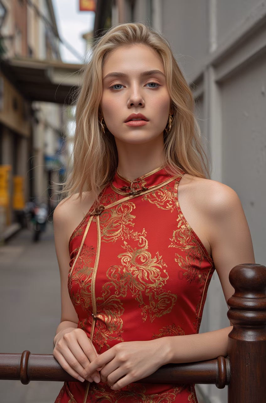 Close-up portrait of a 26-year-old Czech woman wearing a red cheongsam in the streets of Hong Kong.