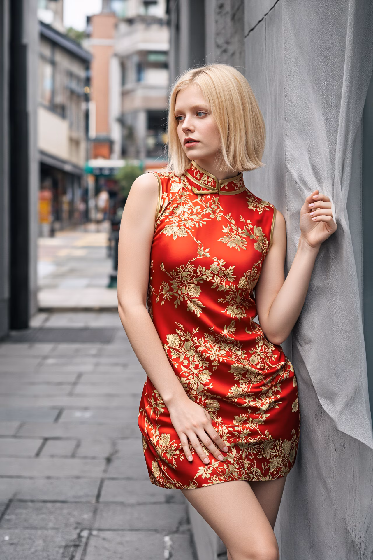 Close-up portrait of a 26-year-old Czech woman wearing a red cheongsam in the streets of Hong Kong.