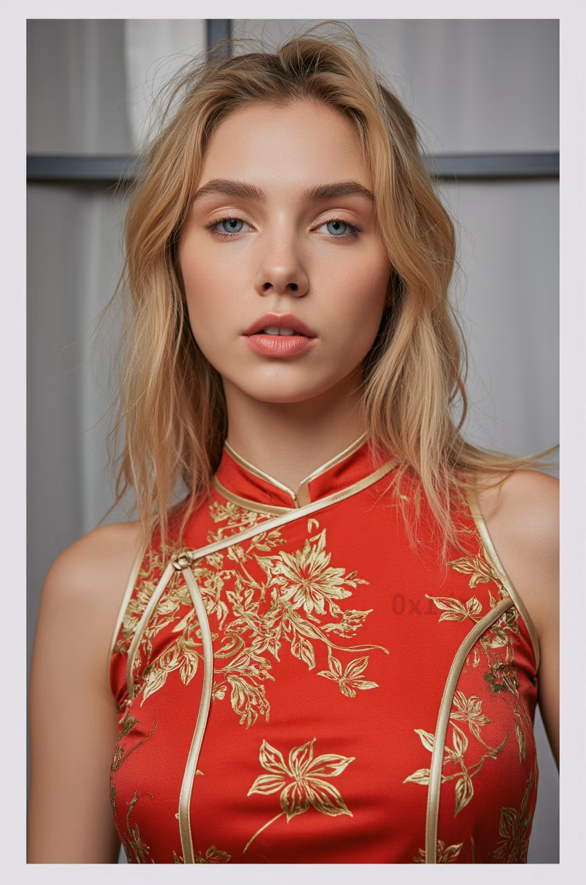 Close-up portrait of a 26-year-old Czech woman wearing a red cheongsam in the streets of Hong Kong.