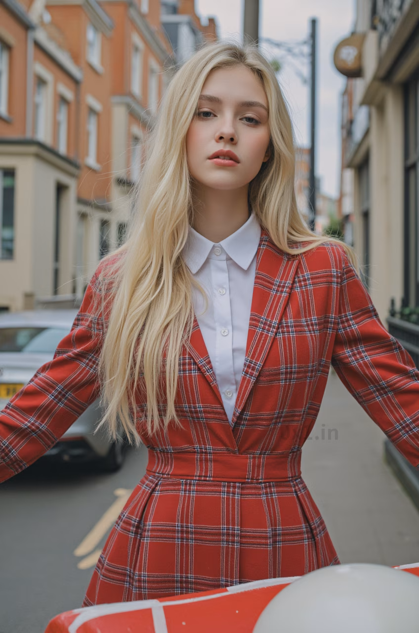 Close-up portrait of a young British woman with blonde hair and pink lips in fashionable attire, expressing love and charm.