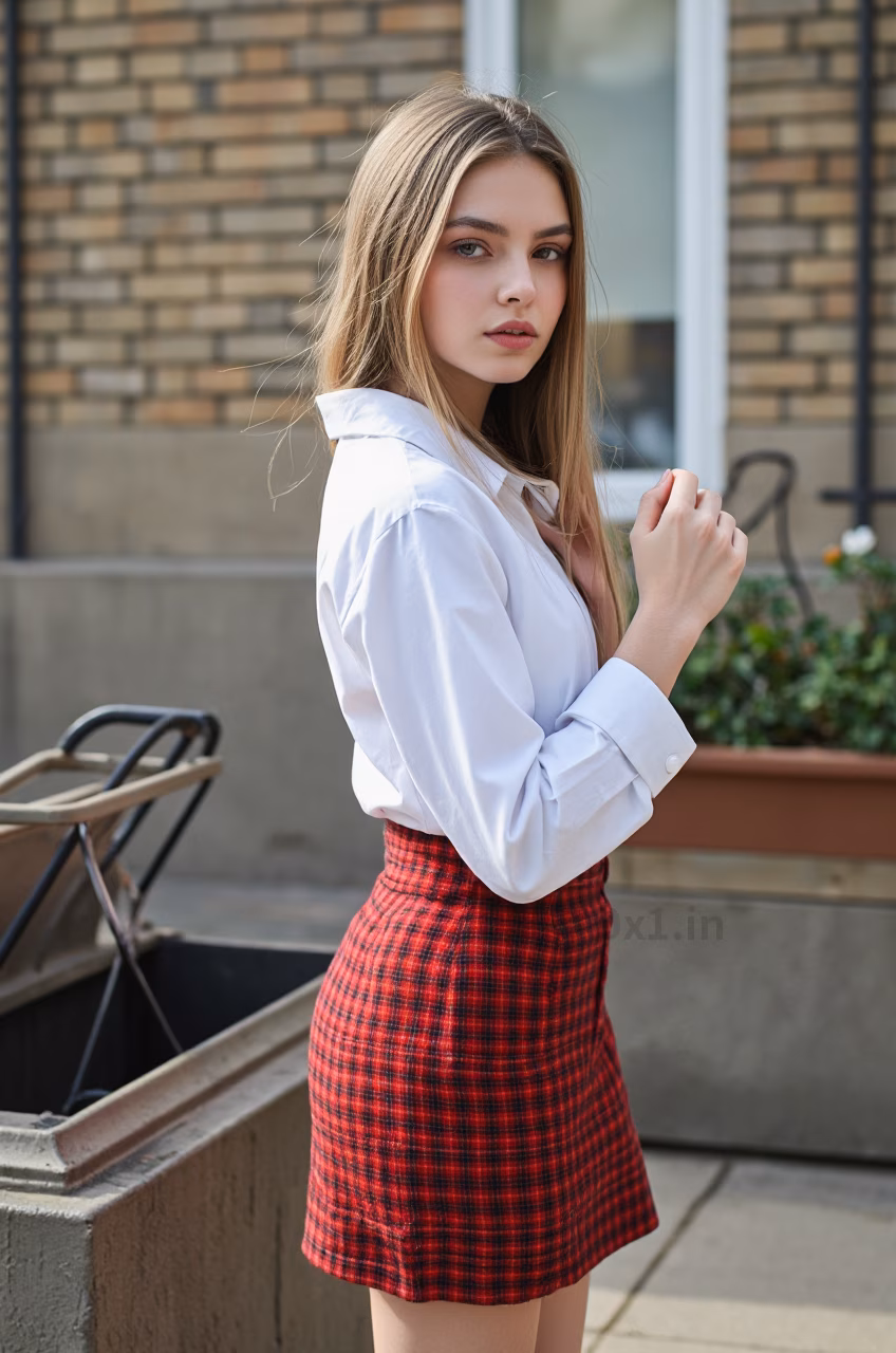 Close-up portrait of a young British woman with blonde hair and pink lips in fashionable attire, expressing love and charm.