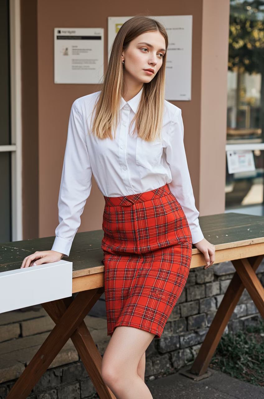 Close-up portrait of a young British woman with blonde hair and pink lips in fashionable attire, expressing love and charm.