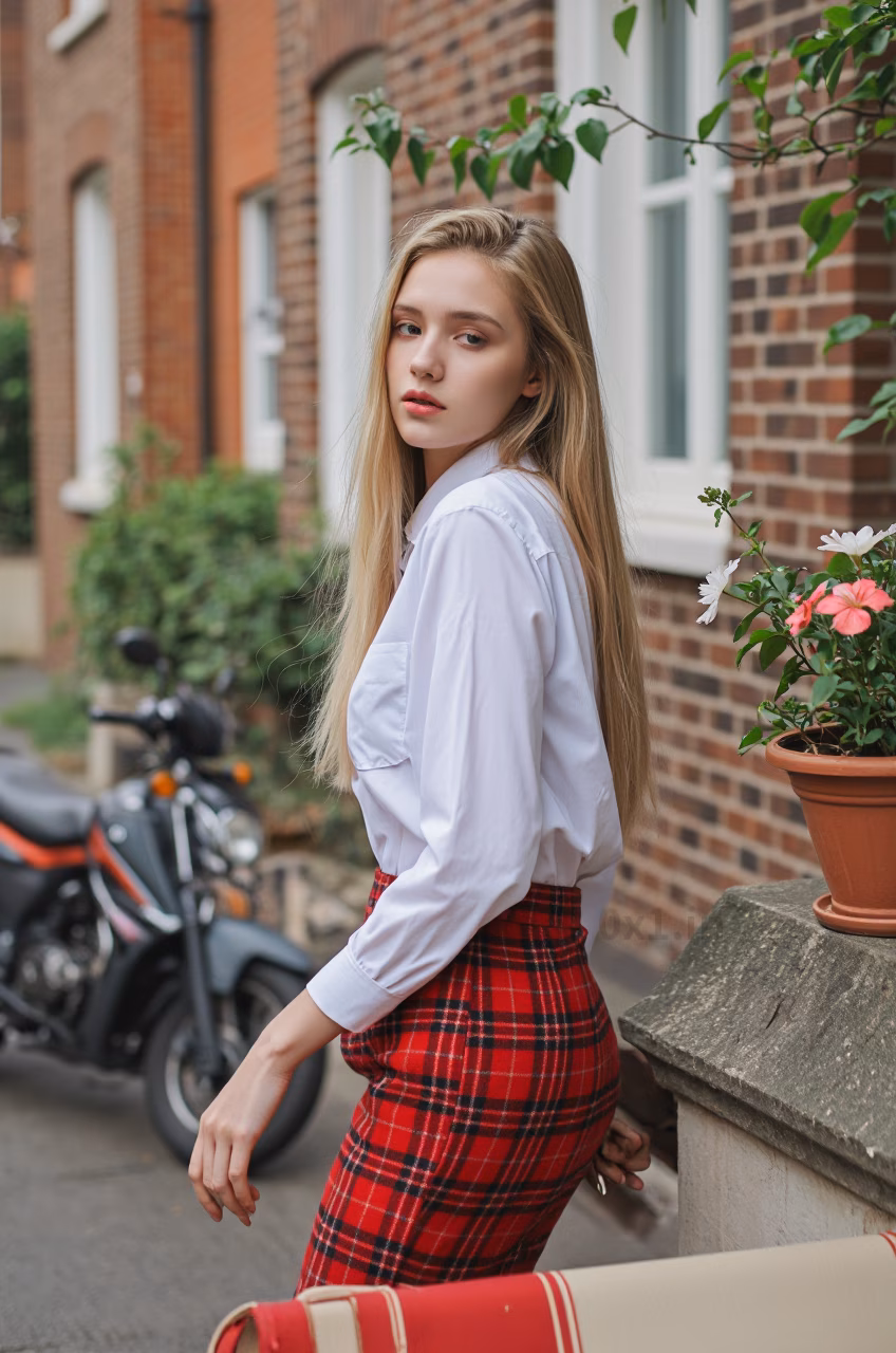 Close-up portrait of a young British woman with blonde hair and pink lips in fashionable attire, expressing love and charm.