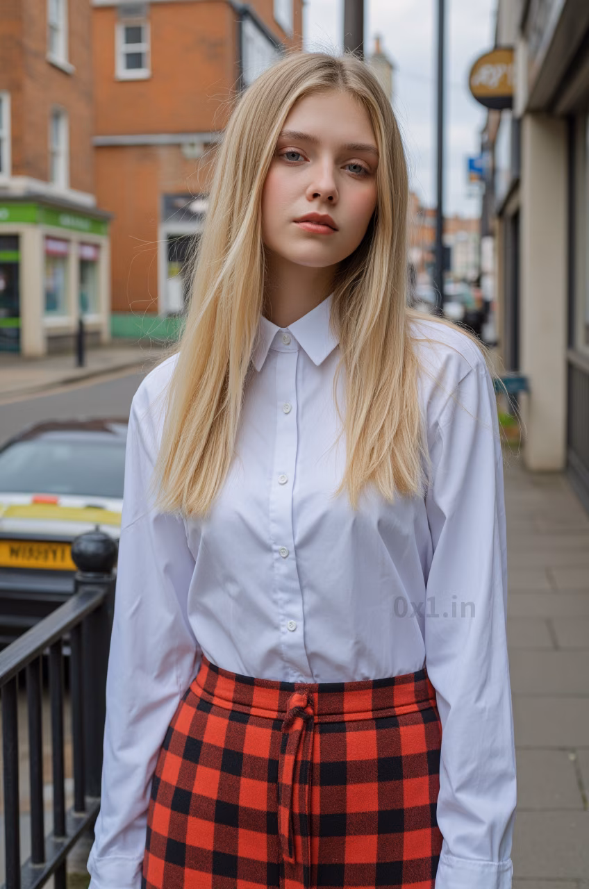 Close-up portrait of a young British woman with blonde hair and pink lips in fashionable attire, expressing love and charm.