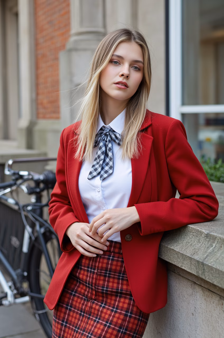 Close-up portrait of a young British woman with blonde hair and pink lips in fashionable attire, expressing love and charm.