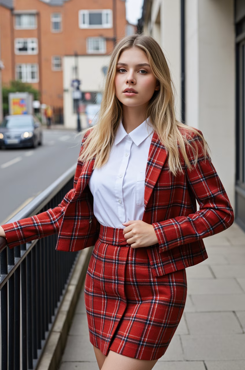Close-up portrait of a young British woman with blonde hair and pink lips in fashionable attire, expressing love and charm.