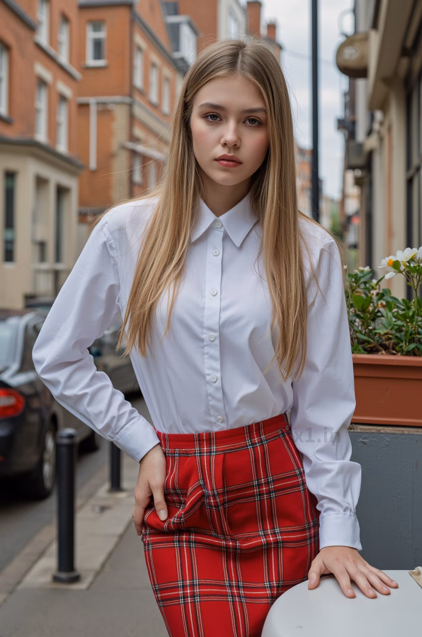 Close-up portrait of a young British woman with blonde hair and pink lips in fashionable attire, expressing love and charm.