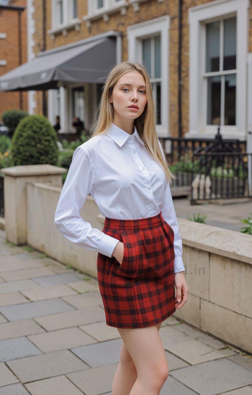 Close-up portrait of a young British woman with blonde hair and pink lips in fashionable attire, expressing love and charm.